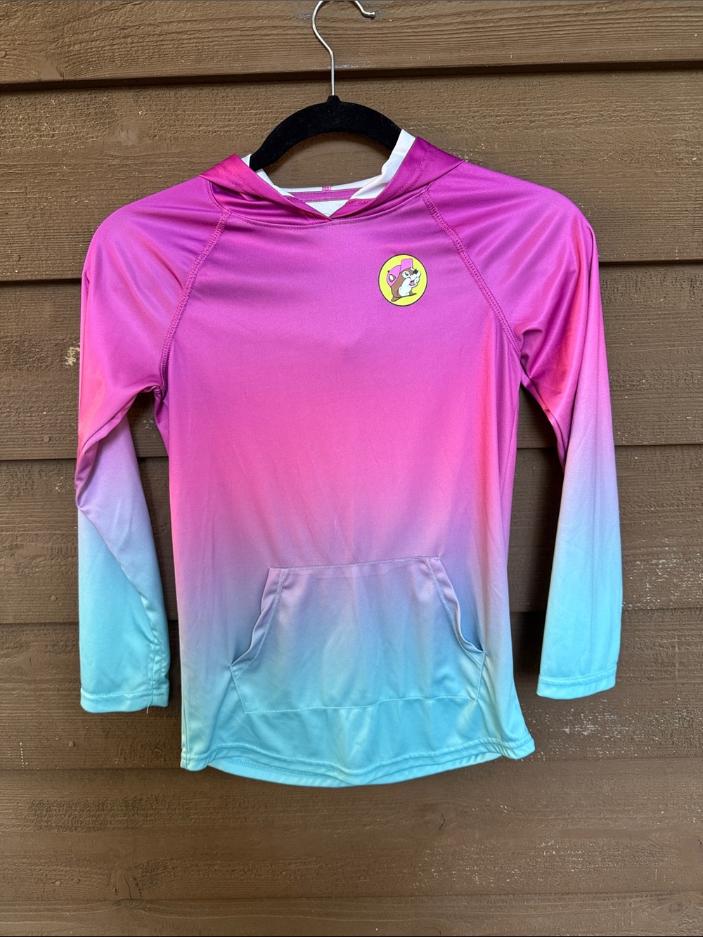 Bucees Hooded Gradient Pink-to-Aqua Rashguard Swim Top with hood size YM